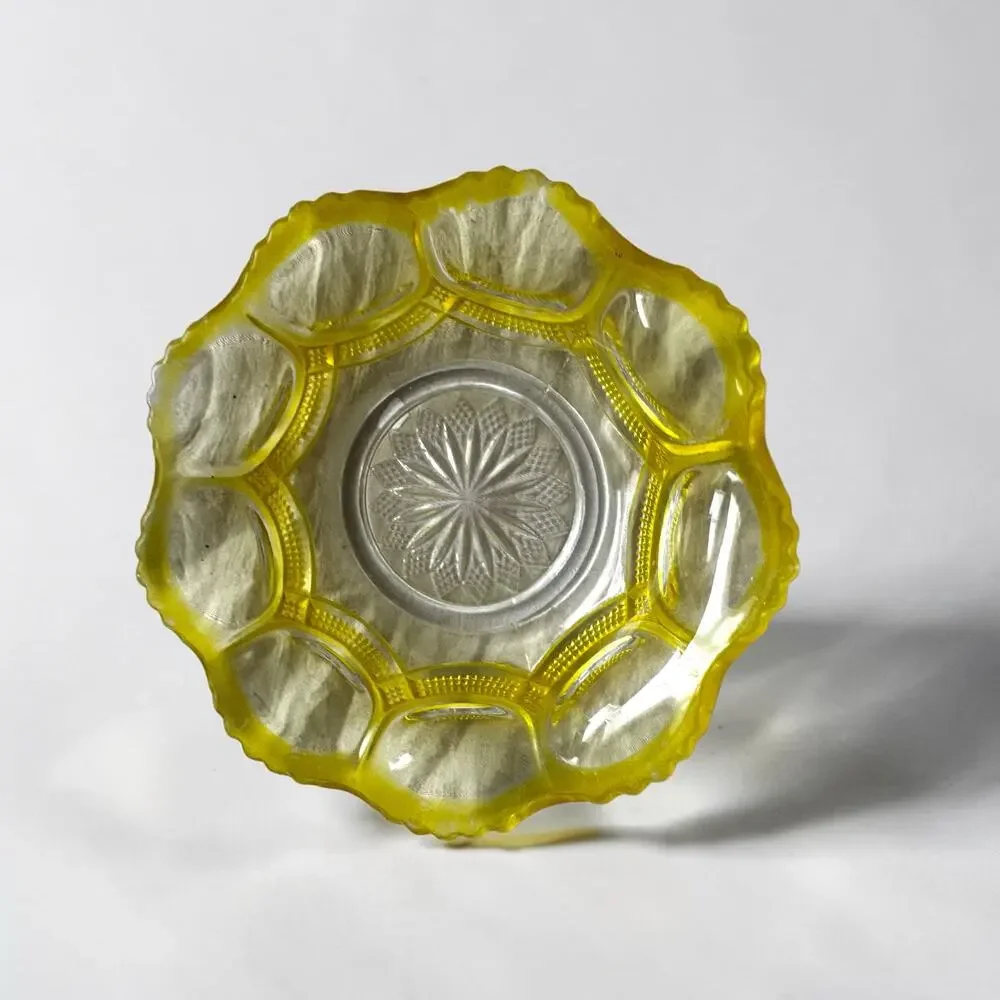 Set of 2 Yellow Pressed Glass Dessert Bowls | Scalloped Rim Clear Yellow Vintage